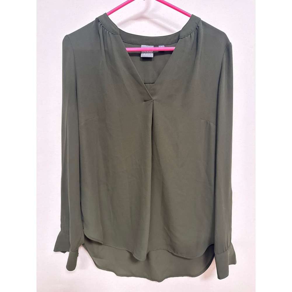 Soho Jeans New York & Company Olive Green V-Neck Roll Tab Sleeve Blouse Small